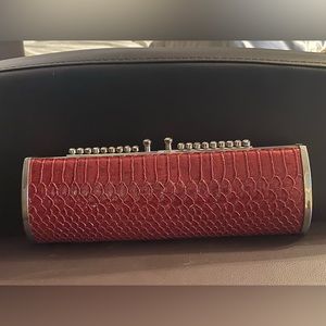 Red Faux Crocodile Evening Clutch with Rhinestone Opening with Shoulder Strap